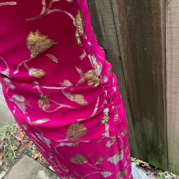 Vintage 80s THE SILK FARM Dolman Long Dress Fuchsia Chiffon Gold Silver Lame S - Picture 8 of 12